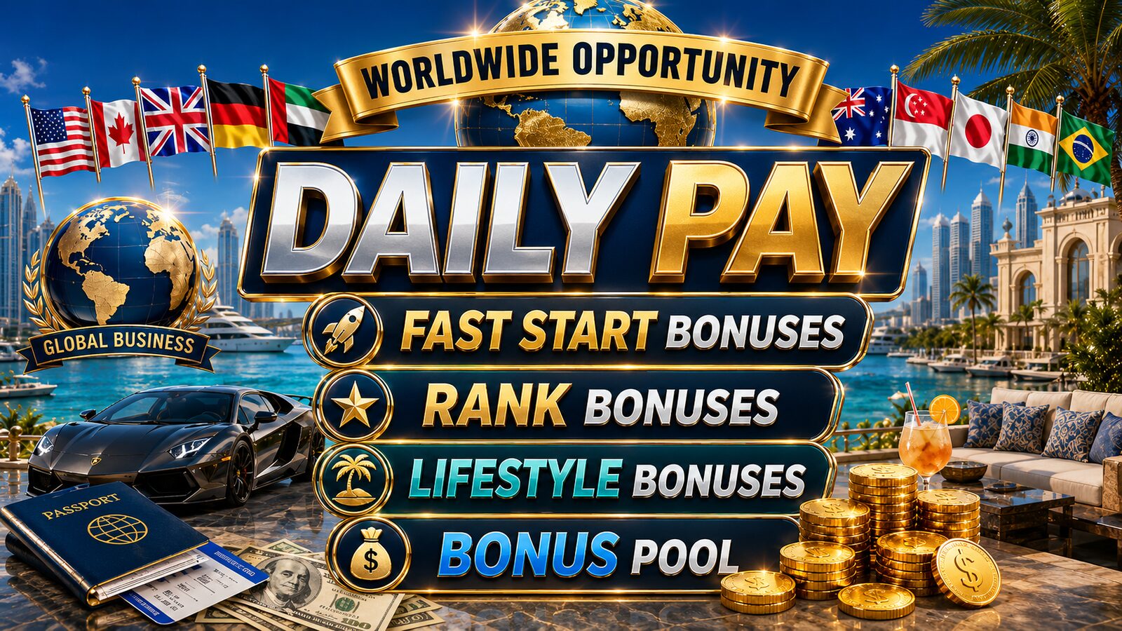Daily Pay — Worldwide Opportunity featuring fast start, rank, lifestyle and bonus pool rewards